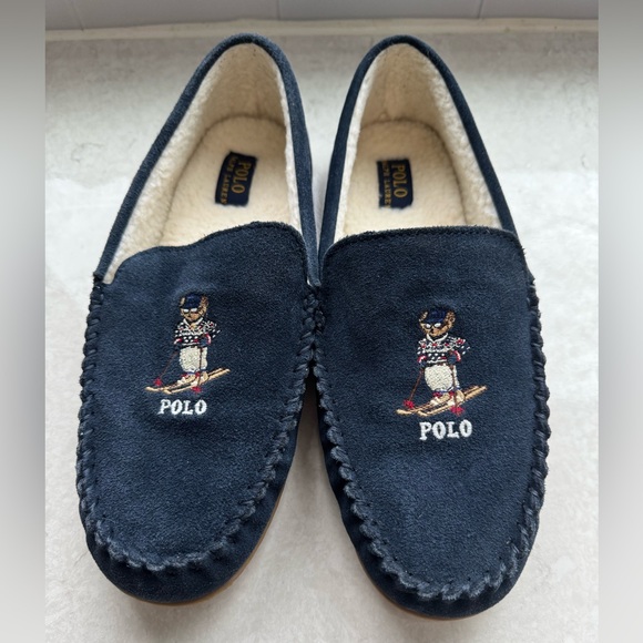 Polo Ralph Lauren Blue Suede Slippers With Polo Skiing Bear - Picture 3 of 7